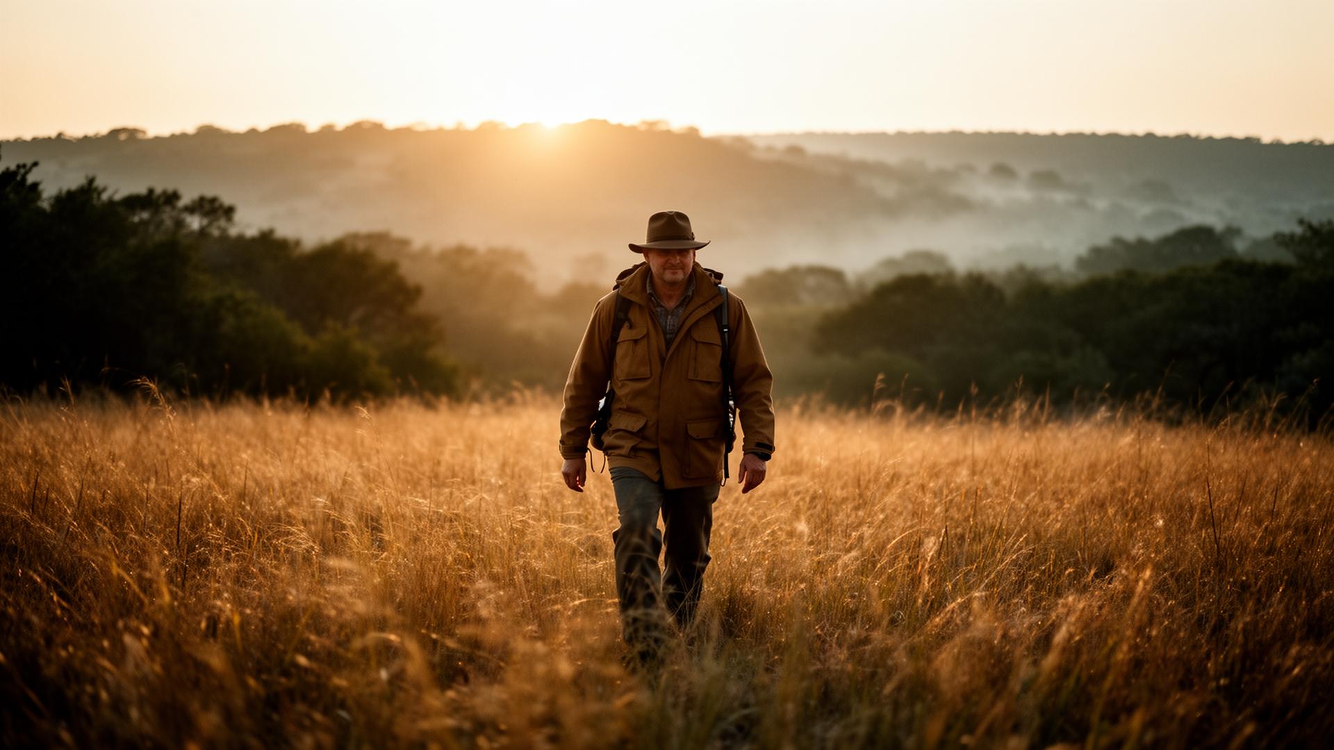 Hunter walking through golden grass at sunrise in the Texas hill country